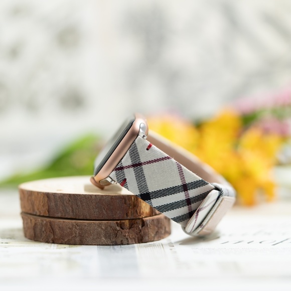 Plaid Checker Apple Watch Band, Leather Band Strap White 38/40/41/42/44/45 mm SE - Picture 2 of 9